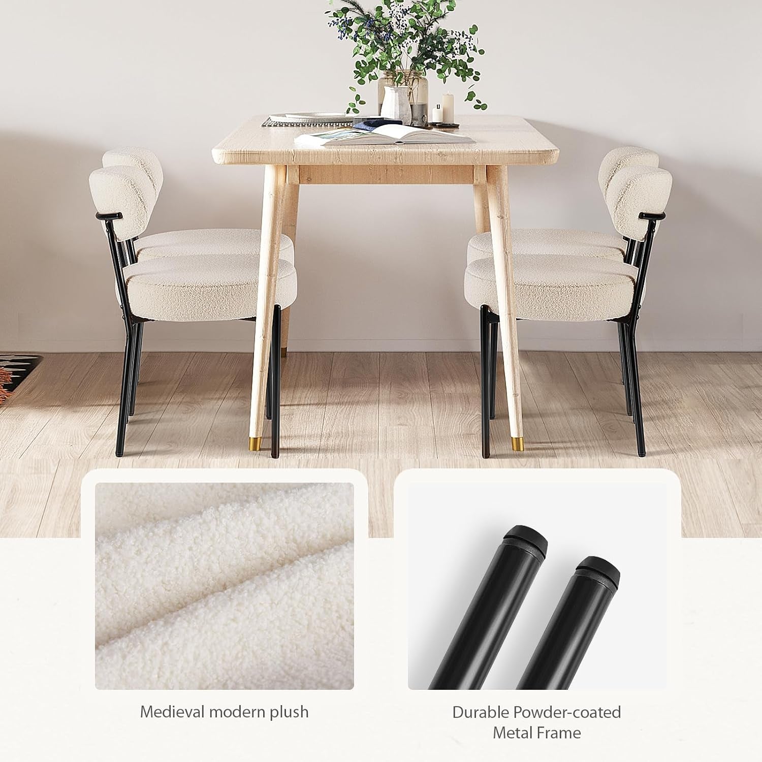 Dining Chairs Set of 2, Boucle Upholstered Modern Mid Century round Kitchen Chairs with Curved Backrest & Metal Legs for Vanity, Living Room - Beige