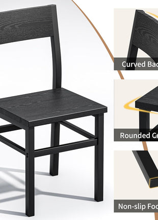 Set of 4 Rustic Wood Dining Chairs with Reinforced Metal Frame and Slat Back in Dark Black, Modern Farmhouse Style for Kitchen and Dining Room