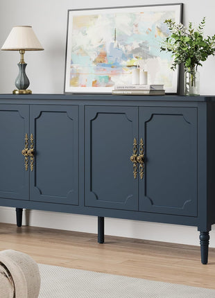 59" Vintage Buffet Cabinet with Adjustable Shelves and Carved Handle, Mid-Century Modern Navy Blue Sideboard for Kitchen and Dining Room