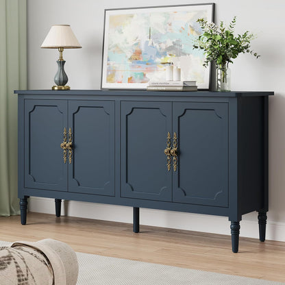 59" Buffet Cabinet with Storage, Vintage Sideboard with Adjustable Shelves & Carved Handle, Mid Century Modern Painted Credenza Coffee Bar for Kitchen, Dining Room, Navy Blue