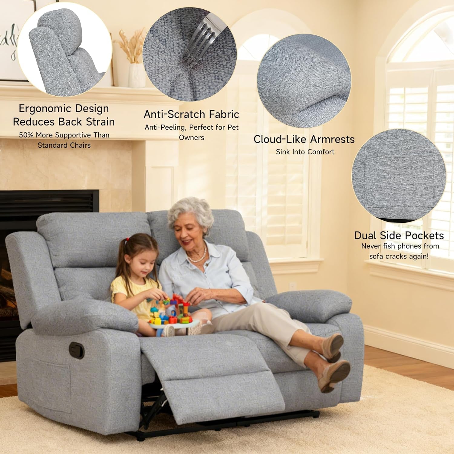 Reclining Loveseat Recliner Sofa, 2-Seater Double Manual Dual Recliner Oversized Couches for Living Room, Bedroom, Rv(Loveseat, Grey)