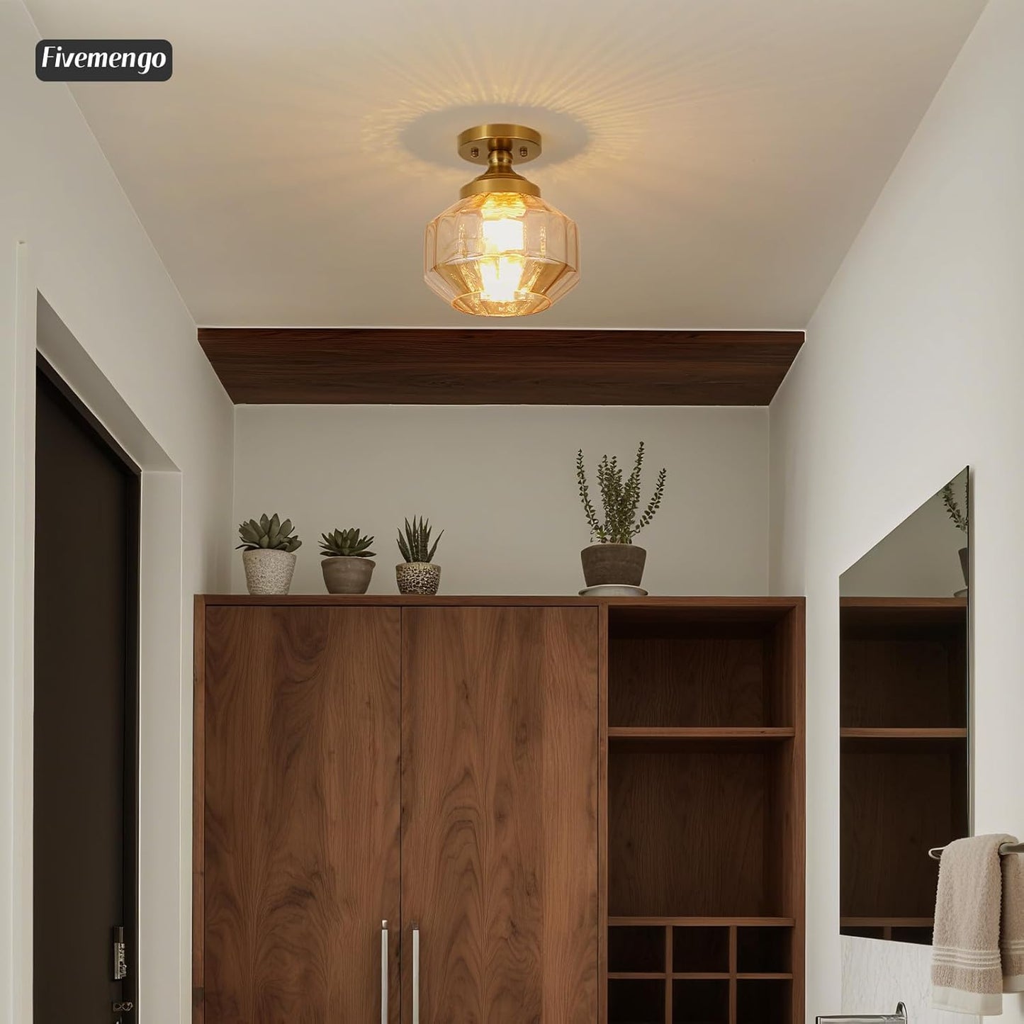 9In Semi Flush Mount Ceiling Light Fixture, Small Vintage Striated Glass Kitchen Lighting Fixtures Ceiling Mount for Entryway Hallway Bedroom Dining Room Bathroom Foyer Laundry (Amber)