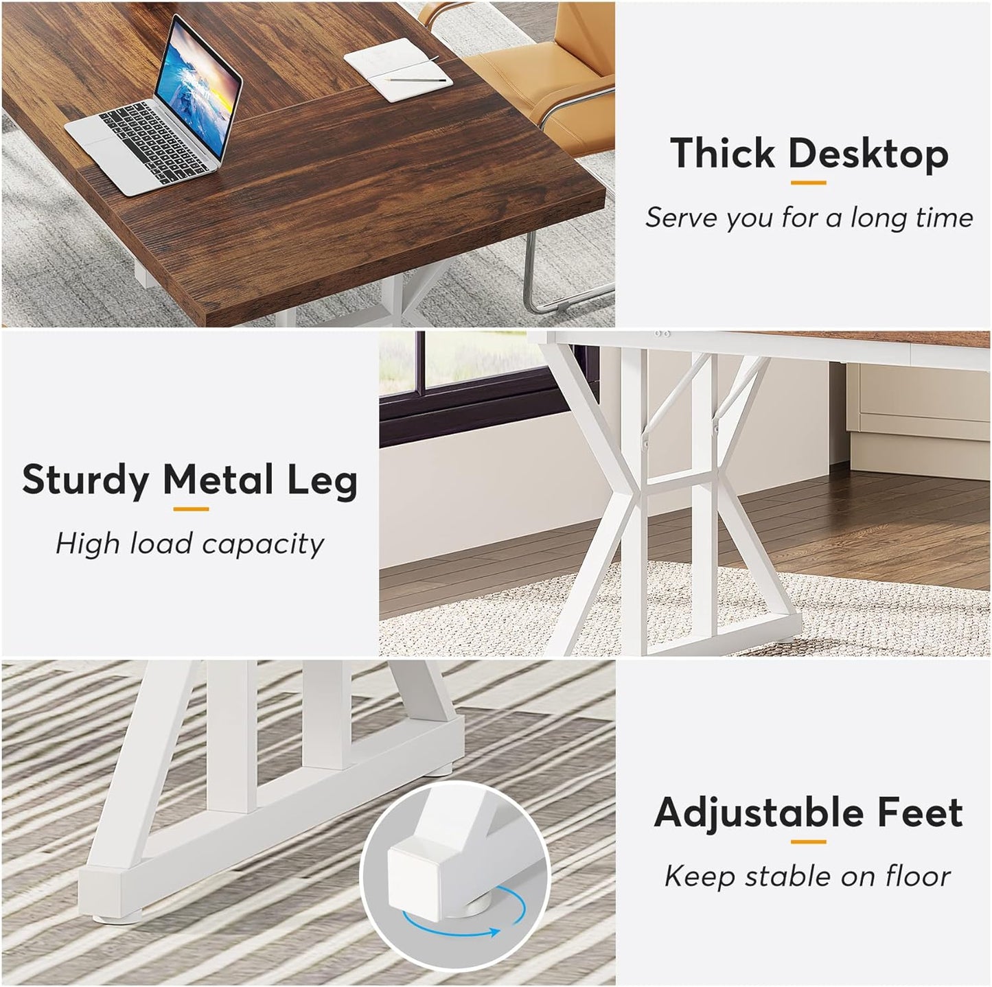 70.8-Inch Executive Desk, Large Computer Office Desk Workstation, Modern Simple Style Laptop Desk Study Writing Table Business Furniture for Home Office (Brown/White, 70.8 Inch)