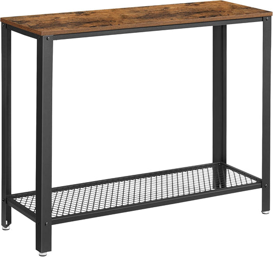Console Table, 2-Tier Entryway Table with Mesh Shelf, Narrow Sofa Table, Steel Frame, Adjustable Feet, for Hallway, Living Room, Industrial Style, Rustic Brown and Black ULNT80X