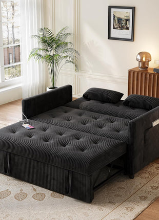 3-in-1 Convertible Loveseat Sofa Bed with Pull-Out Bed, USB Ports, and Pockets - Modern Corduroy Design for Living Room or Bedroom (Black)