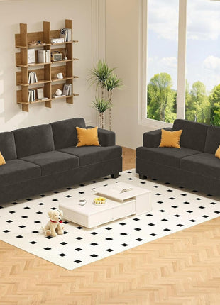 Deep Seat Loveseat and 3-Seater Sofa Set, 89" Couch for Living Room, 2-Piece Sleeper Sofa in Dark Grey Chenille for Apartments