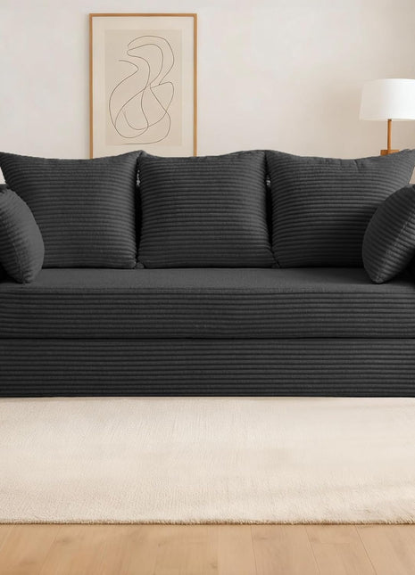 Elegant 3-Seater Convertible Futon Sofa Bed for Living Room, Featuring Comfy Pull-Out Design, 5 Pillows, Detachable Washable Cover, Upholstered in a Box, No Assembly Required, Black