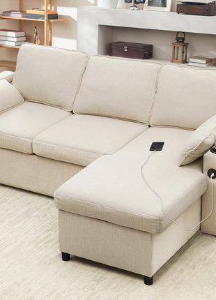 Beige 2-in-1 Pull-Out Sofa Bed with Storage, USB Ports, and Cup Holders – Stylish Sectional Ideal for Apartment Living