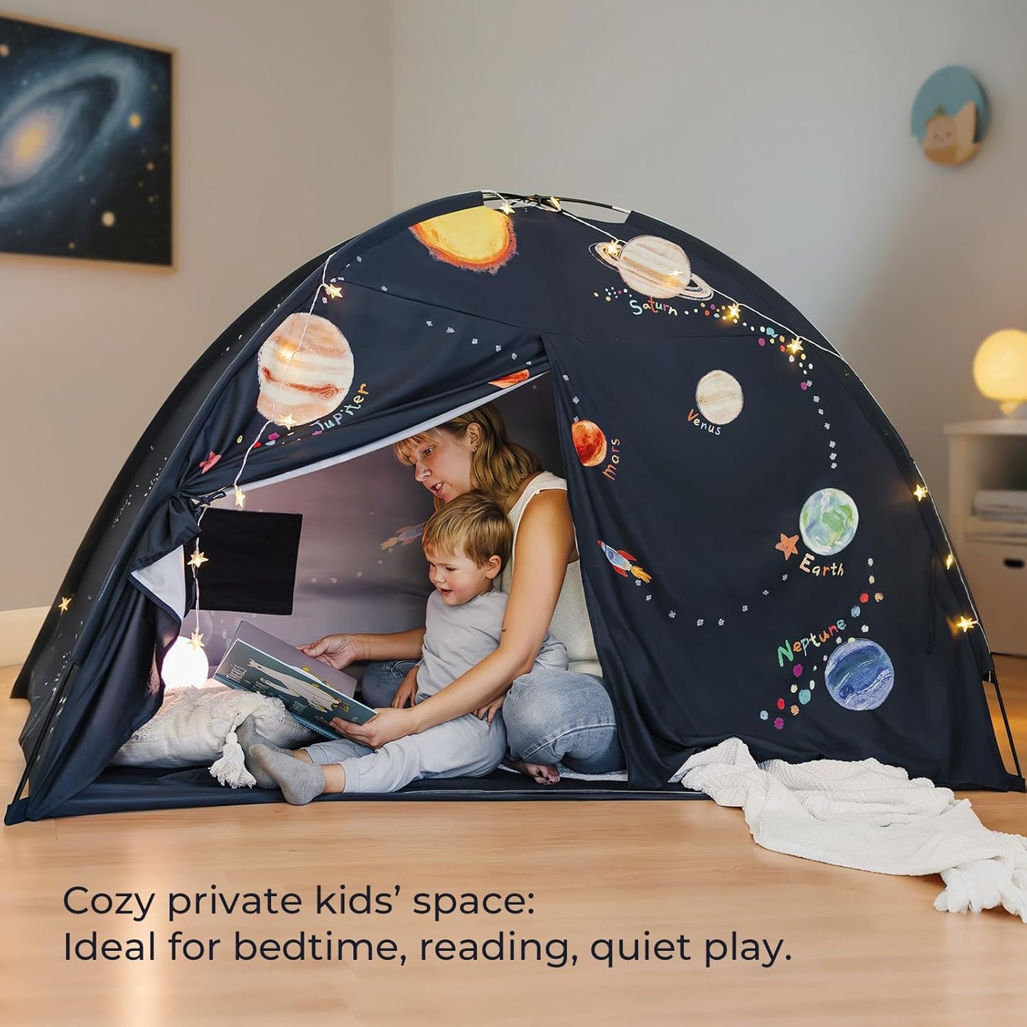 Space Galaxy Bed Tent for Kids – Sleep Bed Canopy with 9 Planets Design, Easy-To-Install Indoor Kids Play Tent, Imaginative Playhouse, Ideal Gift for Boys & Girls – 77" X 40" X 46"