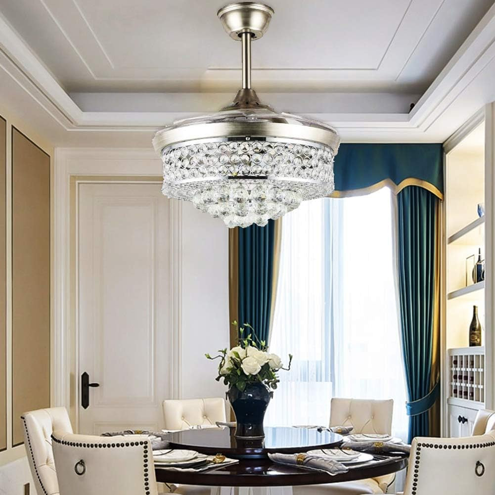42" Crystal Ceiling Fan with Light Retractable Blades Brushed Nickel Modern LED Chandelier Remote 3 Colors 3 Speeds Change Silent Ceiling Fans Light