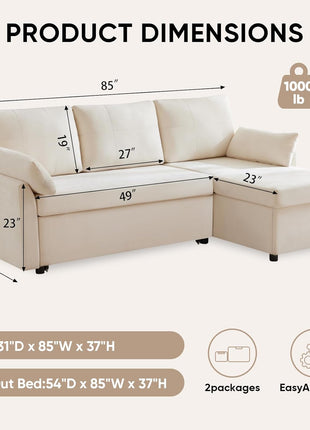 85-Inch L-Shaped Sectional Sofa with Pull-Out Sleeper, Modular Chenille Deep Seat Design, Reversible Chaise, Storage Solutions, Side Pockets, and Dual USB/Type-C Charging Ports in Beige