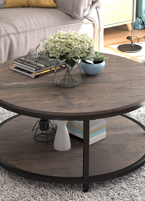 36-Inch Round Coffee Table for Living Room, Two-Tier Rustic Wood Design with Storage Shelf, Modern Home Furniture in Light Walnut