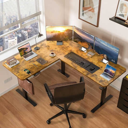 63 X 55 Inch L Shaped Standing Desk, Corner Computer Desk, Electric Adjustable Height Stand up Table, L Sit Stand Desk for Home Office Gaming, Rustic Brown