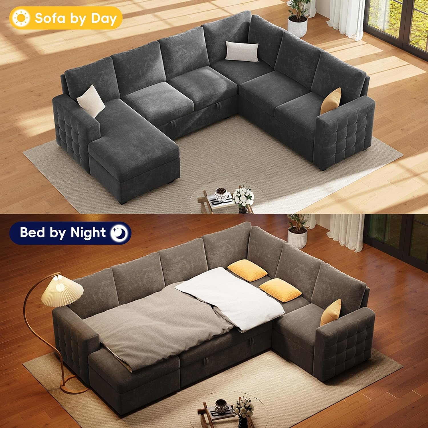 104" Sectional Sleeper Sofa Bed, Pull Out Couch with Storage, Modular Cloud Sofa with Chaise, 7 Seat U Shaped Sectional Couches for Living Room& Apartment, Convertible Sofas, Gray Couch