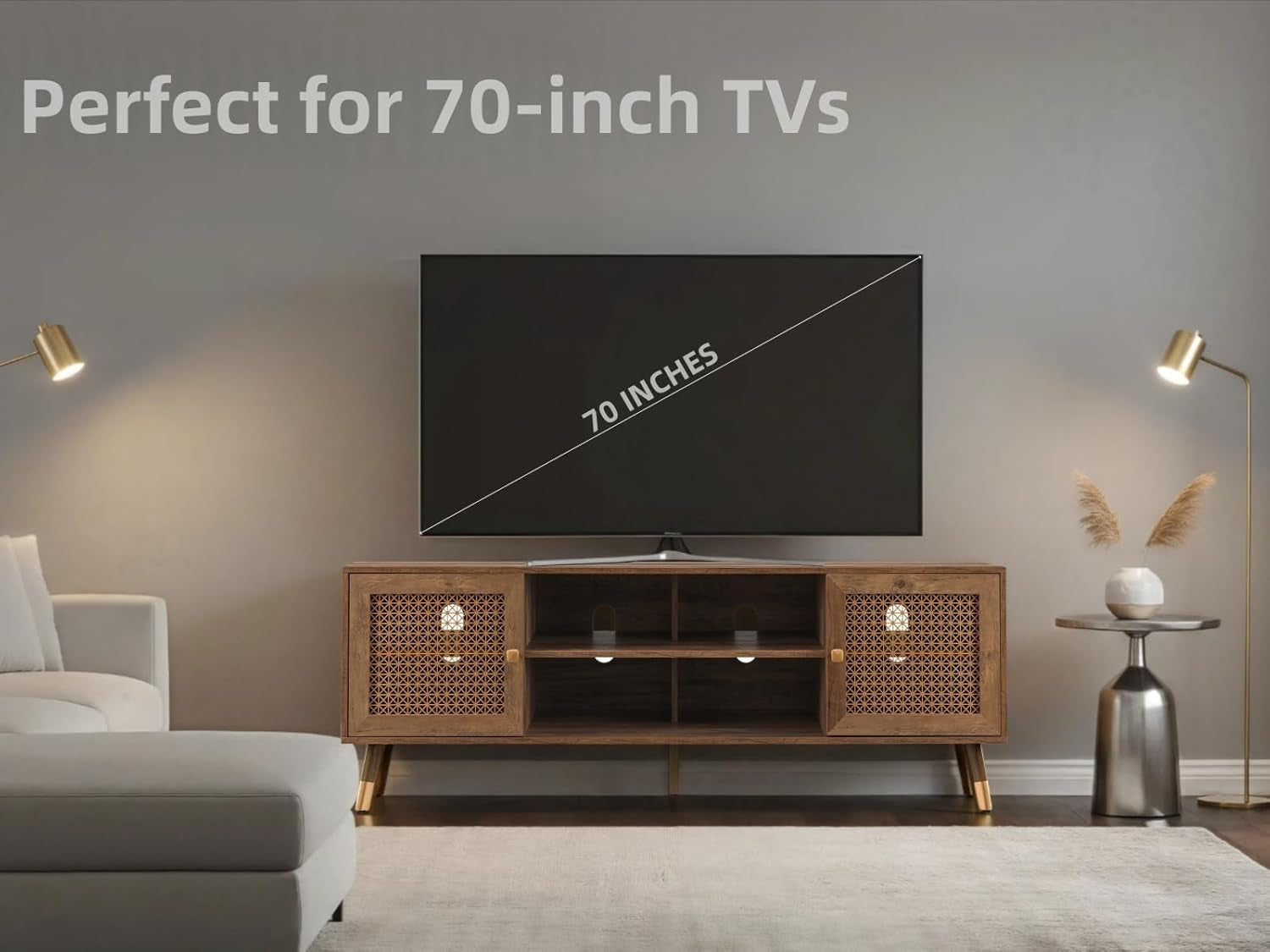 66 Inch TV Stand for 70 Inch Tvs, Mid Century Modern Media Console, Long Entertainment Center with Storage Cabinet, Oak Wood Grain Finish for Rustic & Farmhoue Living Room Decor