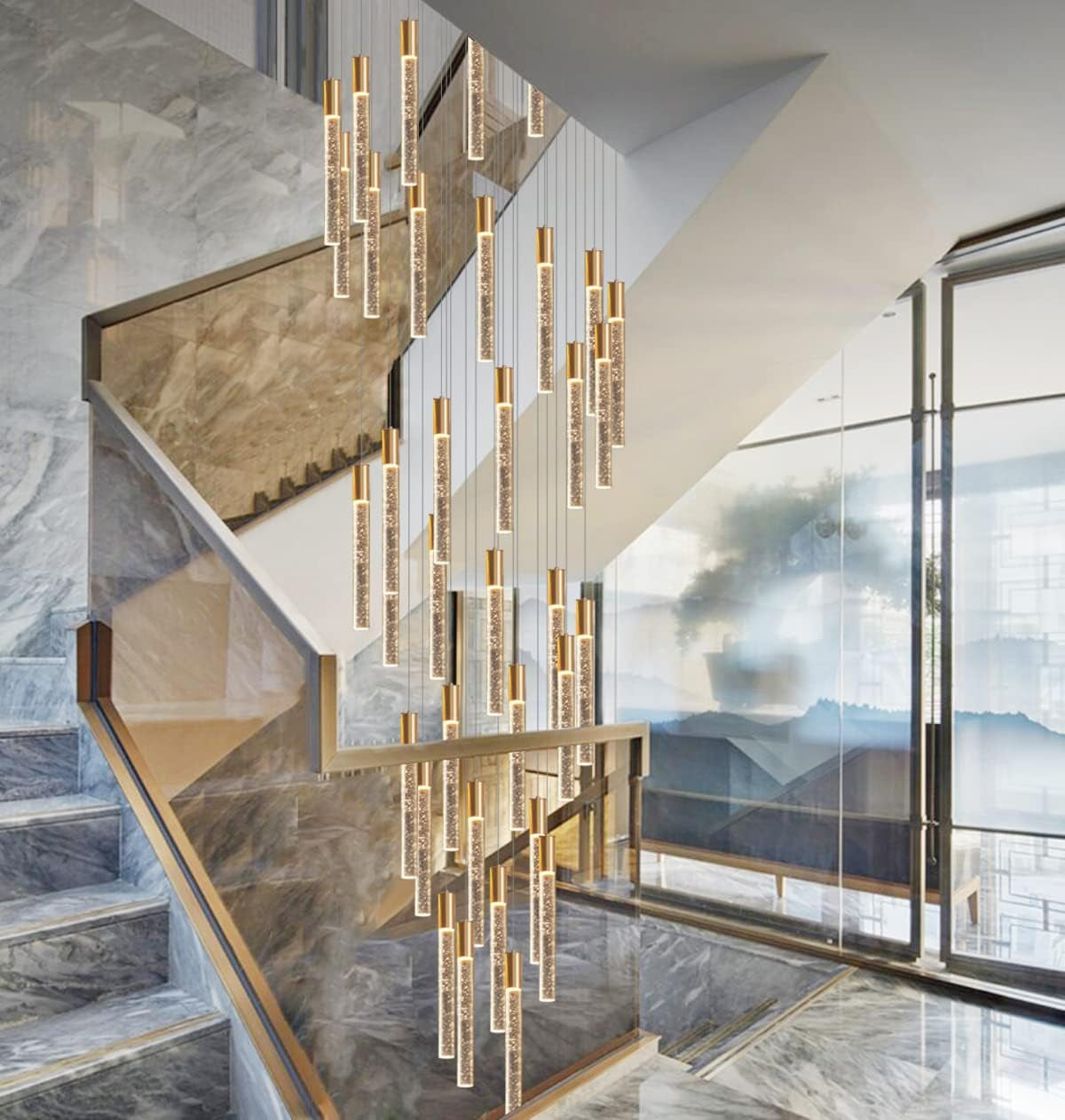 16 Foot Chandeliers for Living Room Entryway High Ceiling Light Fixtures Sloped Flush Mount Ceiling Pendant Lighting Dimmable Chandelier with Remote LED Crystal Pendants Lighting Gold Light