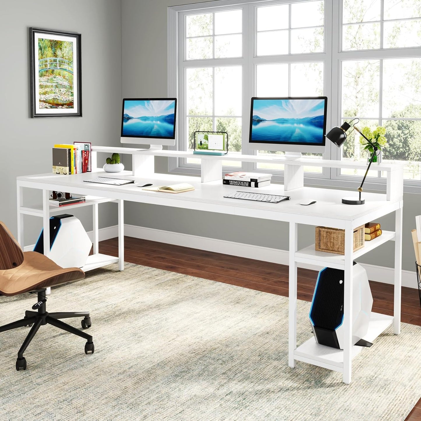 Two Person Desk with Monitor Stand, 78.74" Long Double Computer Office Desk with Storage Shelves, Large Gaming Desk Study Writing Table Workstation for Home Office (White)