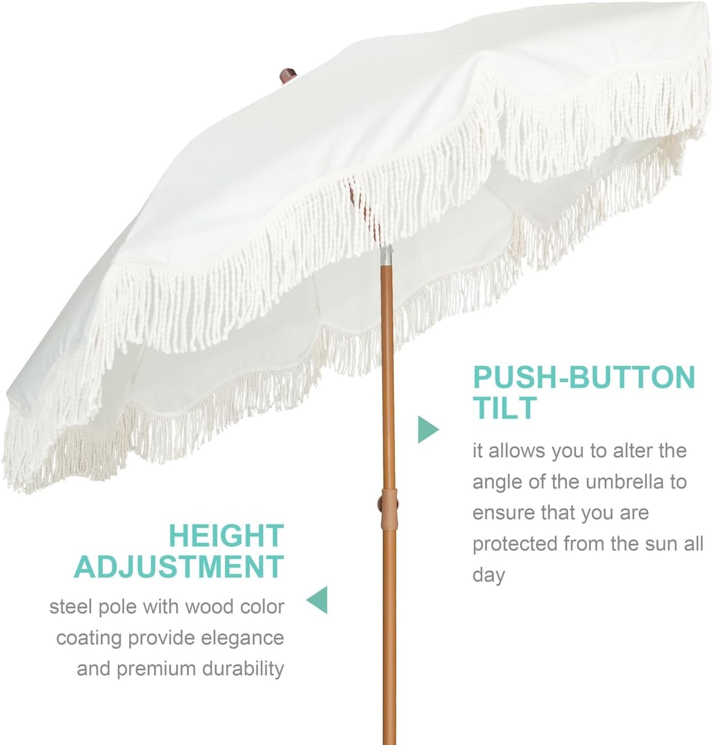 Boho Fringe Umbrella Outdoor Patio, 6.5Ft UPF50+ Picnic Umbrella with Tassels with Steel Pole and Push Button Tilt, Antique White