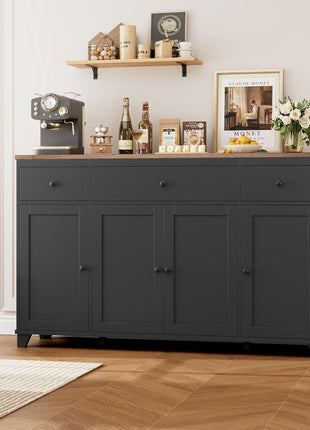 55-Inch Farmhouse Buffet Cabinet with Storage Drawers and Shelves - Versatile Wood Sideboard for Kitchen, Dining, and Living Room in Black