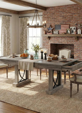 Wooden Farmhouse Dining Table for 6-8 with Dual Large Drawers, 71-Inch Rectangular Design, Durable Frame, Rustic Gray Finish