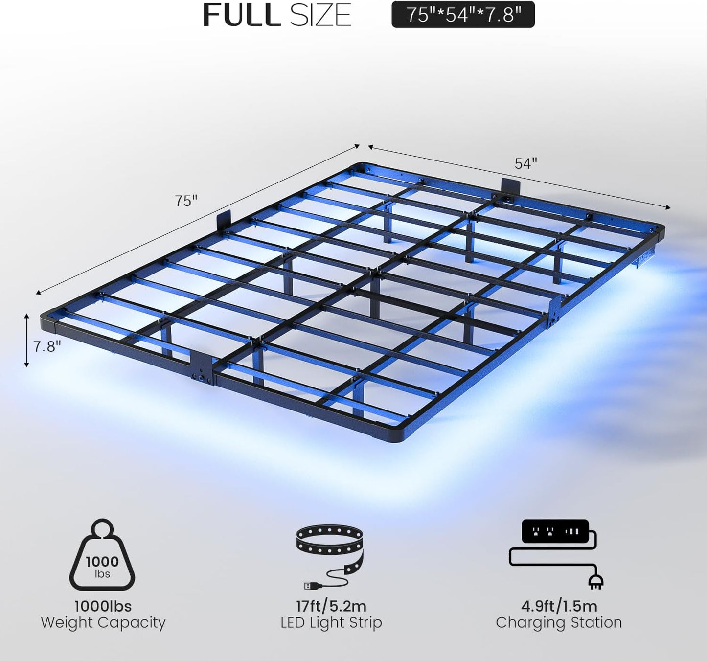 Floating Bed Frame Full Size with Smart LED Lights and Charging Station - Modern Metal Platform Bed, Easy Assembly No Box Spring Needed