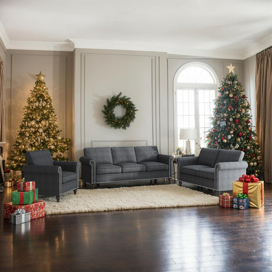 3PCS Sofa Set for Living Room,Modern Linen Couch Set with Nailhead Trim Design, Living Room Furniture Set for Office,Apartment, Home(Sofa & Loveseat & Chair/Dark Grey)