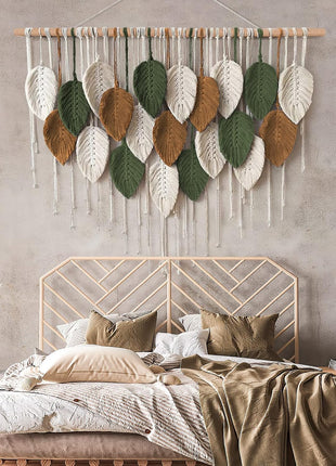 Large Macrame Wall Hanging - Handcrafted Bohemian Tapestry for Elegant Home Decor, Featuring Leaf and Feather Design for Living Room, Bedroom, Nursery, and Apartment - 39"W x 29.5"L