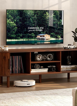 Contemporary TV Stand for Up to 60-Inch TVs, Entertainment Center with Sliding Doors and Adjustable Shelving, Walnut Finish, Perfect for Living Room and Bedroom Storage