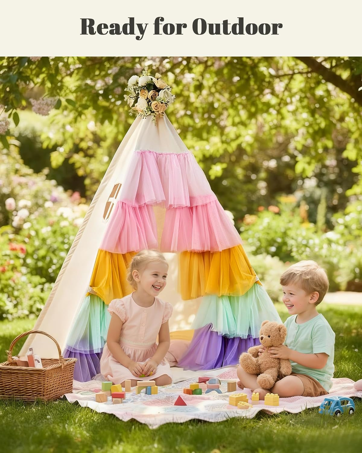 Teepee Tent for Kids, Toddler Teepee with Star Lights & Rainbow Tulle, Girls Princess Play Tent, Foldable Kids Teepee Tent for inside Playhouse Kid Toy Gift