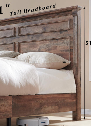 Farmhouse King Size Bed Frame with 51-Inch Tall Headboard, Wood Platform Design Featuring 20-Inch Roman Column Footboard and Three Spacious Storage Drawers, No Box Spring Required (Light Brown)