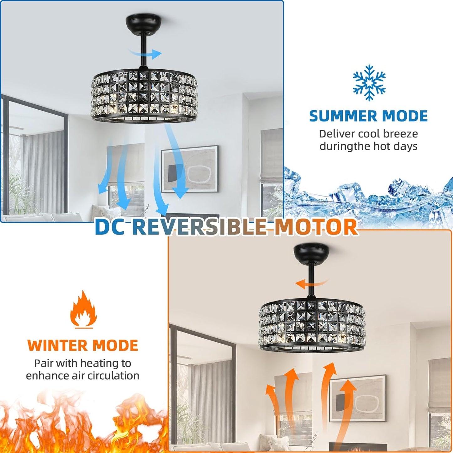 Bladeless Ceiling Fan with Lights and Remote, 18" Caged Industrial Fandelier, Indoor Crystal Chandelier Ceiling Fan for Bedroom, Living Room, Dinning Room, Kids Room, Black