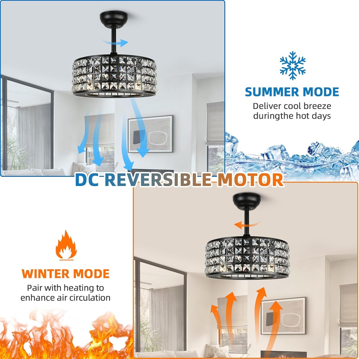 Bladeless Ceiling Fan with Lights and Remote, 18" Caged Industrial Fandelier, Indoor Crystal Chandelier Ceiling Fan for Bedroom, Living Room, Dinning Room, Kids Room, Black