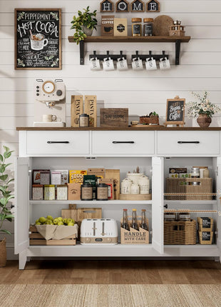 47-Inch Contemporary Farmhouse Buffet Cabinet with Storage Solutions, Adjustable Shelves, and Drawers for Dining Room, Kitchen, and Entryway - White Wood Sideboard