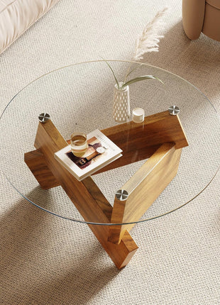 Contemporary Round Coffee Table with Tempered Glass Top and Natural Wood Finish, 30.7" x 30.7" x 16.1" for Living Room