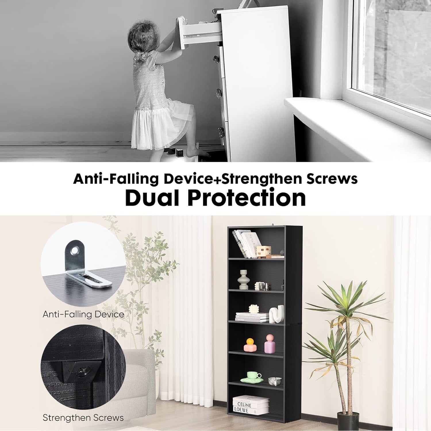 Industrial 6 Shelf Bookcase - Large 63 Inch Tall Floor Standing Open Bookshelf with Anti-Tipping Device for Home Office, Living Room, and Bedroom Storage, Black