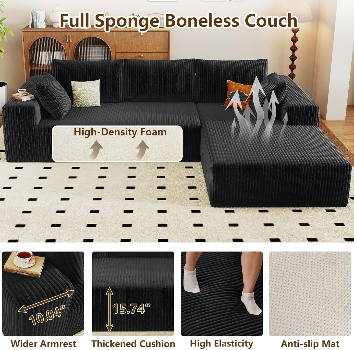 96" Modular Sectional Couch, Boneless L Shaped Cloud Sofa with Chaise Lounge, Corduroy Upholstered Couches Memory Foam Deep Seat, No Assembly Required, Ideal for Living Room(Black, Right Facing)