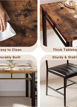 Rustic Brown Dining Table Set for Four with Upholstered Chairs, Perfect for Kitchens and Compact Spaces