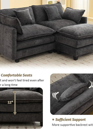 76-Inch Deep Seat Loveseat Sofa, Upholstered Chenille 3-Seat Modular Sectional Couch with Movable Ottoman, Contemporary Comfortable Settee for Living Room and Small Apartments, Dark Grey