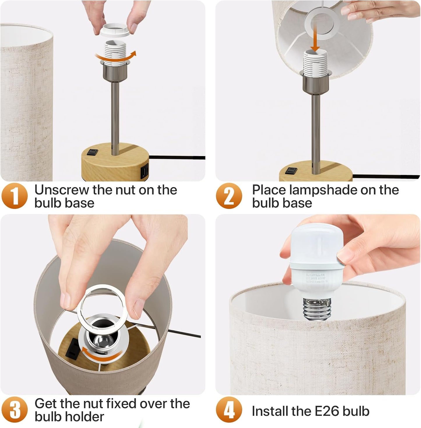 Small Bedside Lamp Touch Control Table Lamp with USB A+C Charging Ports & AC Outlet 3-Way Dimmable Nightstand Lamp with Linen Fabric Shade for Bedroom Living Room