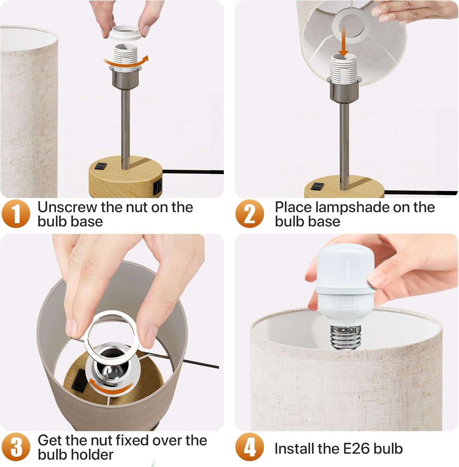 Small Bedside Lamp Touch Control Table Lamp with USB A+C Charging Ports & AC Outlet 3-Way Dimmable Nightstand Lamp with Linen Fabric Shade for Bedroom Living Room