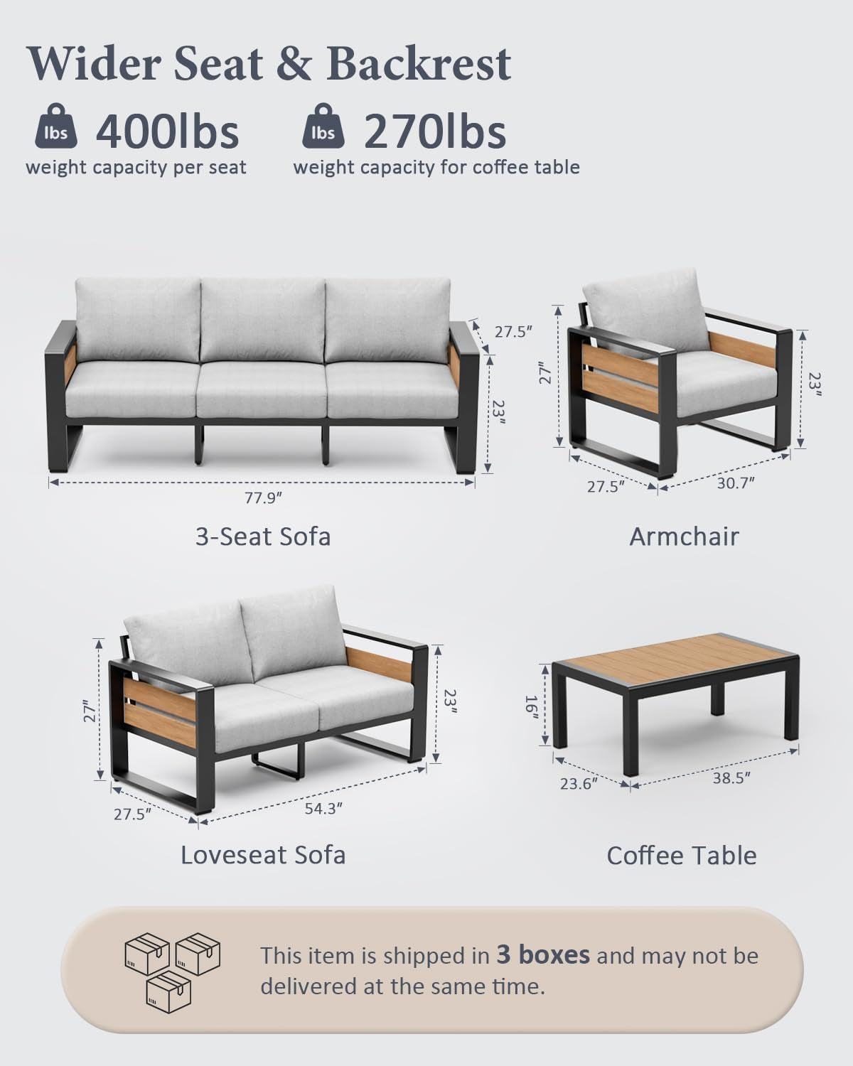 Aluminum Outdoor Patio Furniture - 2 Pcs Armchair, All-Weather Metal Modern outside Furniture with Washable Thick Cushion for Garden/Backyard/Porch, Grey