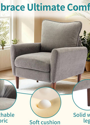 Upholstered Mid-Century Accent Chair for Living Room, Bedroom, and Waiting Areas with Pillow and Solid Wood Legs, Modern Wide Single Lounge Sofa (Gray)
