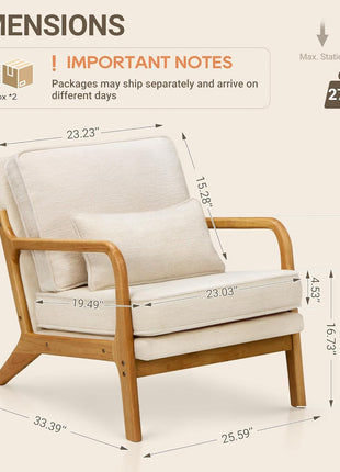 Mid-Century Modern Accent Chair Set of Two with Lumbar Pillow, Solid Wood Frame, and Plush Cushion for Living Room Comfort (Beige)