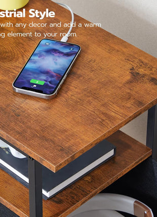 Slim End Table with Integrated Charging Station and Dual Non-Woven Drawers, Space-Saving Design in Rustic Brown and Black Finish, Ideal for Living Room and Bedroom Use