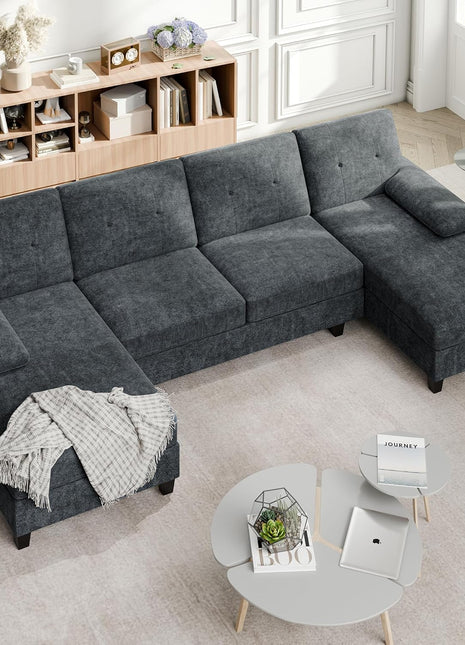 U-Shaped Sectional Sofa for Living Room, 4-Seat Design with Double Chaise Lounges, Solid Wood Frame, Dark Grey Finish