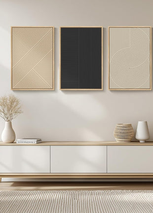 Framed Set of 3 Neutral Abstract Canvas Prints - Boho Modern Beige Artwork for Living Room, Bedroom, Hallway, and Home Office Decor, 16x24 Inches