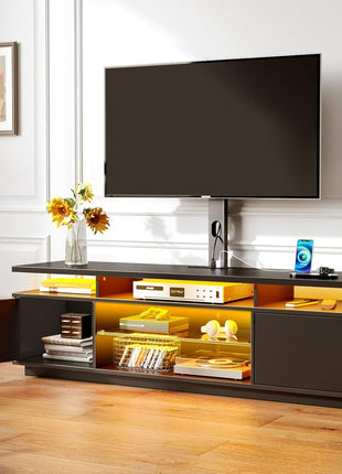 51.2-Inch TV Stand with Mount and Power Outlet, Swivel Mount for 32-70 Inch TVs, Height Adjustable Modern Entertainment Center with Storage and LED Lighting in Black Finish