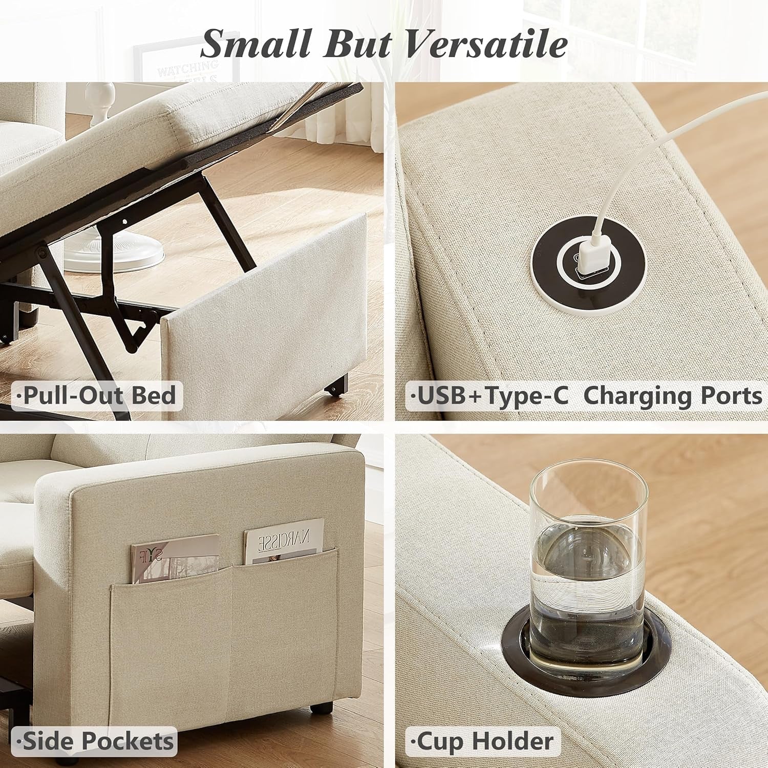 42.5" Sleeper Chair Bed, 3-In-1 Oversized Convertible Sleeper Sofa Chair with Pull Out Bed, Reclining Adjustable Backrest/Usb Ports/Table/Cup Holder, Tool-Free Assembly, Premium Beige