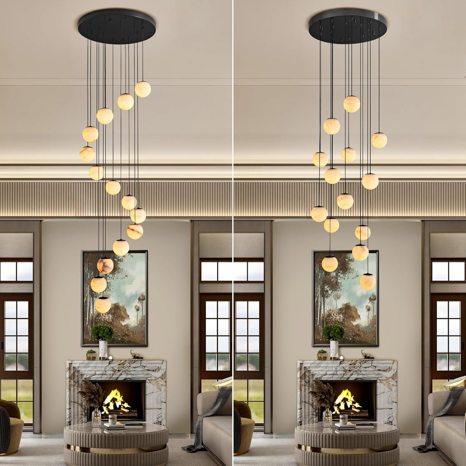 Black Alabaster Staircase Chandelier, 14-Light Modern Marble Pendant Light for High Ceiling Foyer, Luxury Statement Fixture for Entryway & Living Room