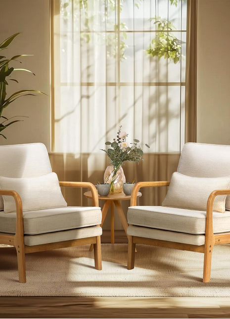 Mid-Century Modern Accent Chair Set of Two with Lumbar Pillow, Solid Wood Frame, and Plush Cushion for Living Room Comfort (Beige)